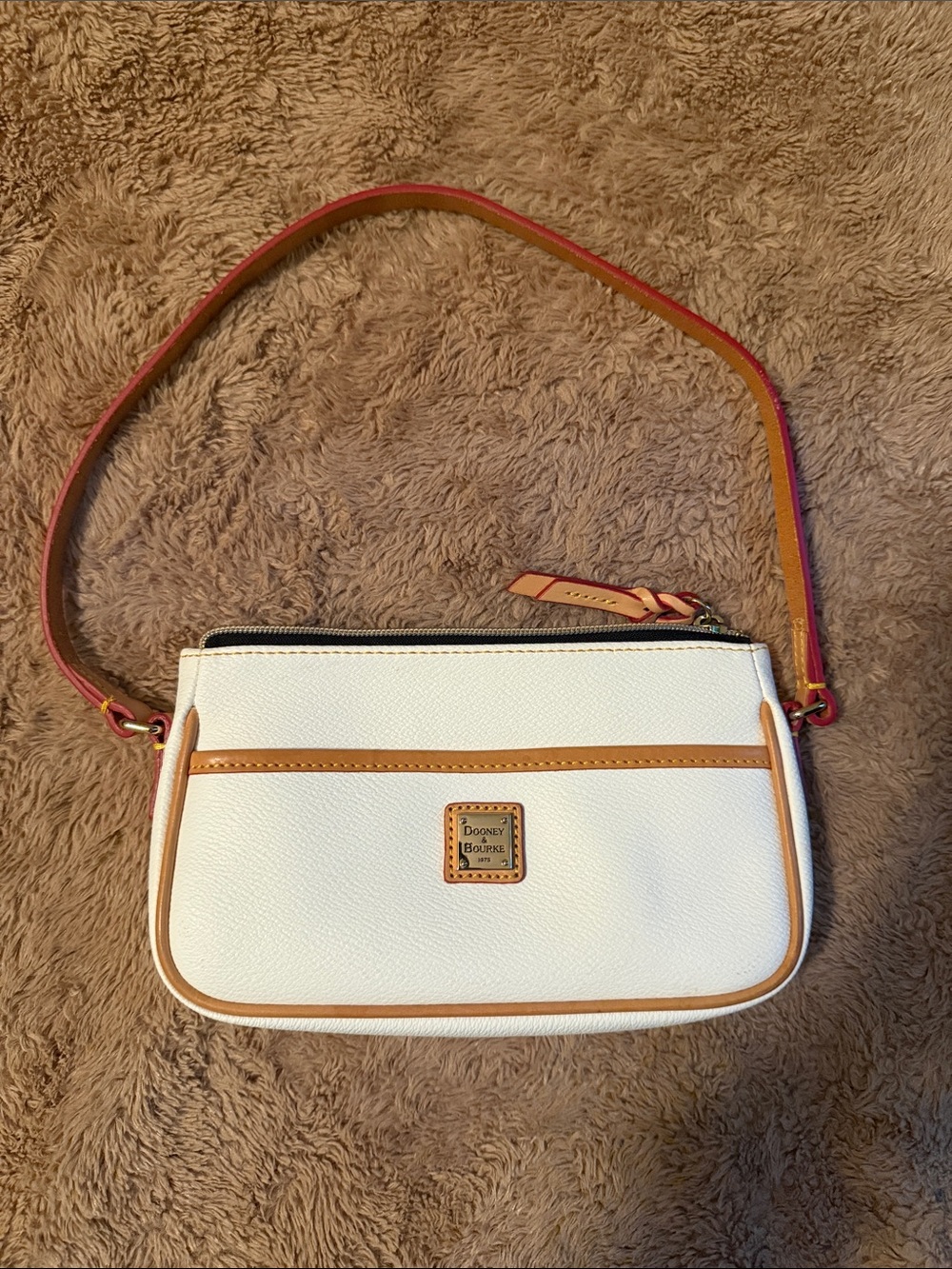 Dooney & Bourke White Shoulder Bag with Tan Trim and Pink-Edged Strap